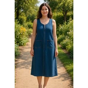 Neutral Zone Denim Dress Vintage Size Large Blue Jumper Half Zip Sleeveless